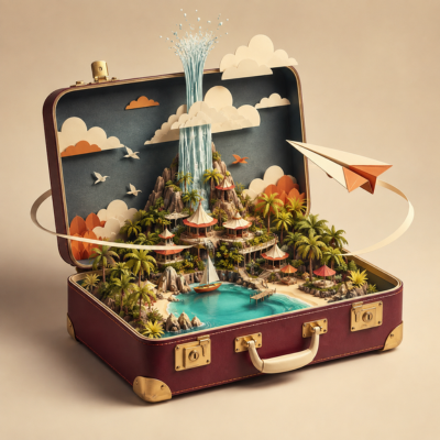 Clearly artificial depiction of a tropical holiday island inside an open suitcase