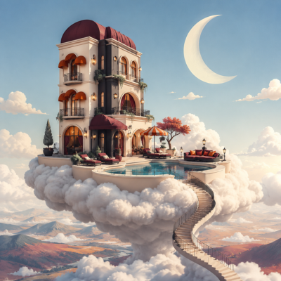 Clearly artificial depiction of a hotel on a floating cloud island